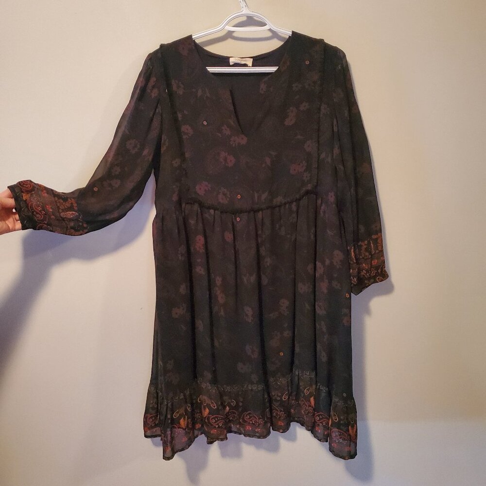 Louizon Black/ Burgundy Floral Long Sleeve Ruffed Hem Mini Dress Viscose Small.